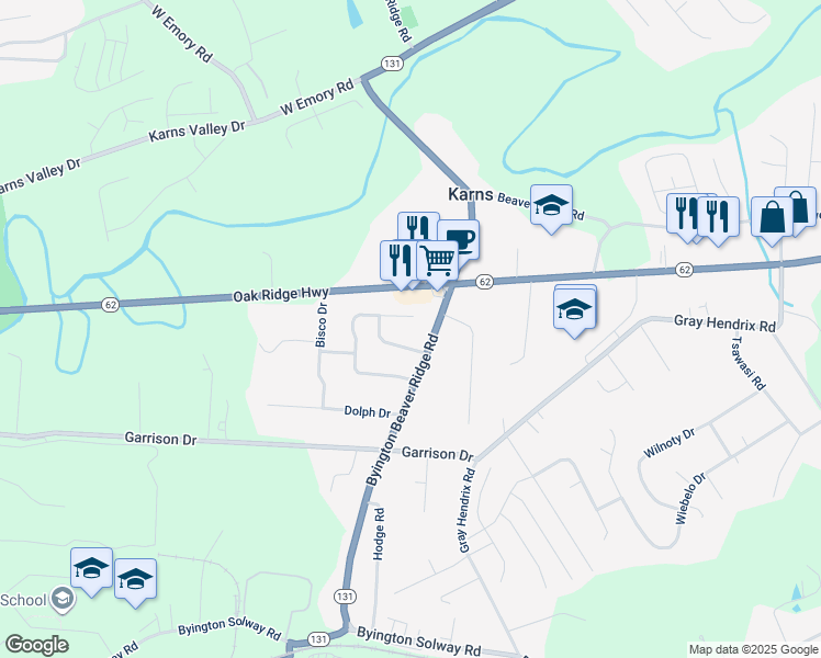 map of restaurants, bars, coffee shops, grocery stores, and more near 8609 Royal Oaks Drive in Knoxville