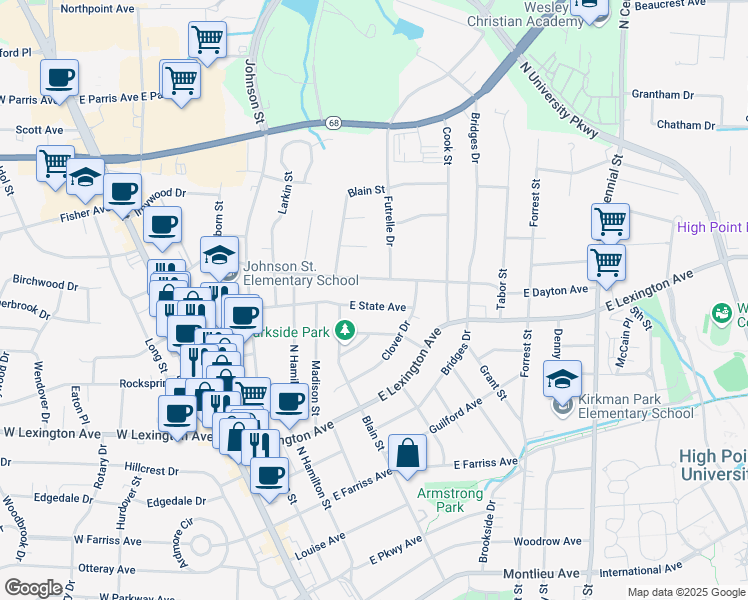map of restaurants, bars, coffee shops, grocery stores, and more near 610 East State Avenue in High Point