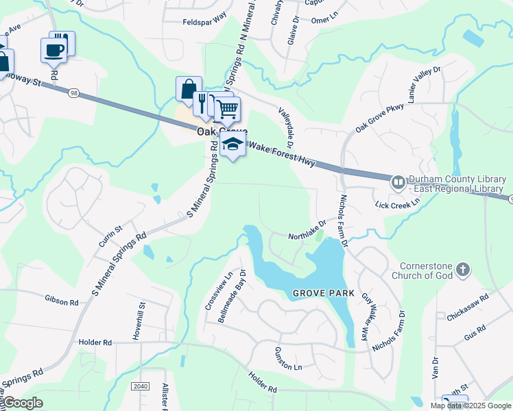 map of restaurants, bars, coffee shops, grocery stores, and more near 3816 Northlake Drive in Durham