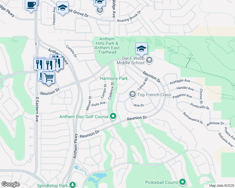 map of restaurants, bars, coffee shops, grocery stores, and more near 1361 Adagietto Drive in Henderson