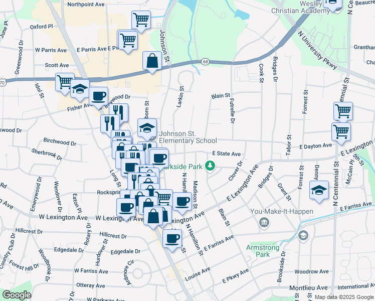 map of restaurants, bars, coffee shops, grocery stores, and more near 1500 North Hamilton Street in High Point