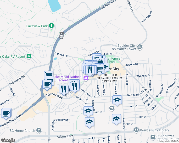 map of restaurants, bars, coffee shops, grocery stores, and more near 534 Nevada Highway in Boulder City