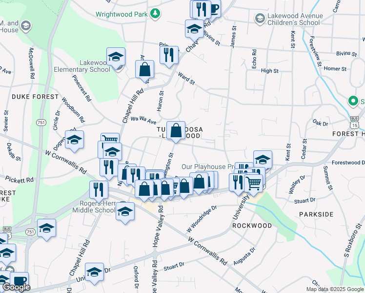 map of restaurants, bars, coffee shops, grocery stores, and more near 2309 Nation Avenue in Durham