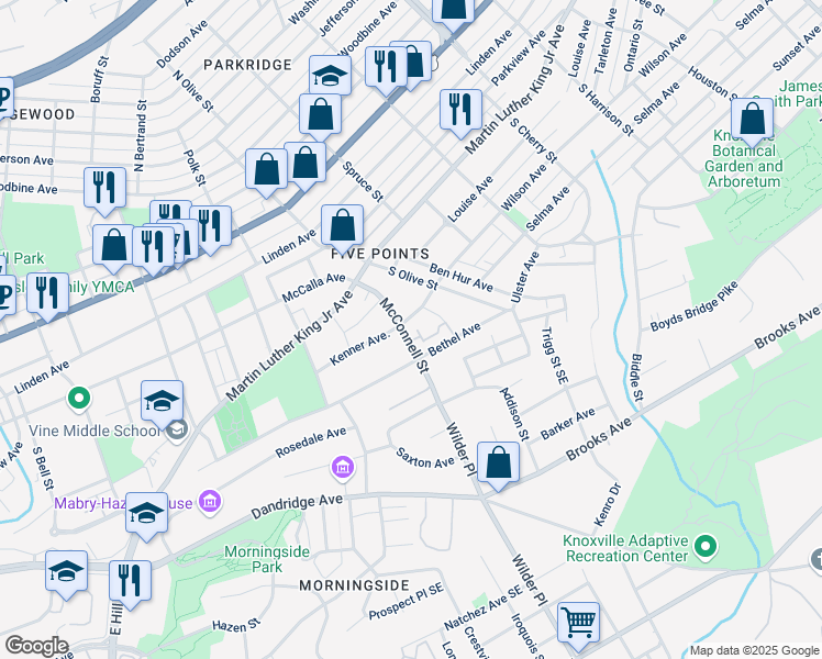 map of restaurants, bars, coffee shops, grocery stores, and more near 410 McConnell Street in Knoxville
