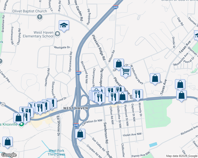 map of restaurants, bars, coffee shops, grocery stores, and more near 3101 Sanderson Road in Knoxville