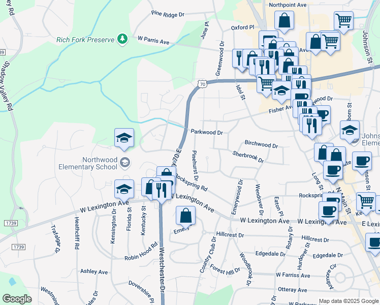 map of restaurants, bars, coffee shops, grocery stores, and more near 1511 Pinehurst Drive in High Point