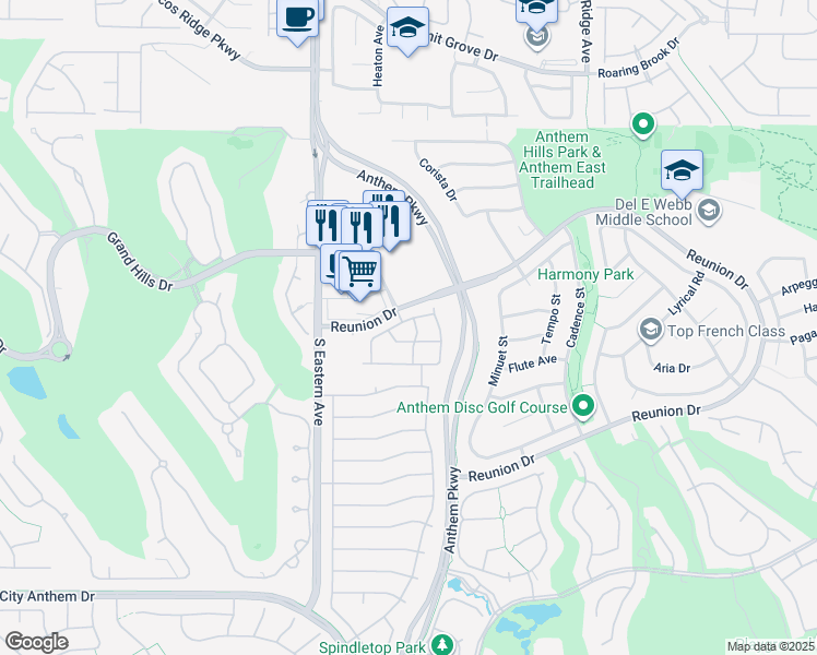 map of restaurants, bars, coffee shops, grocery stores, and more near 2515 Romanza Road in Henderson
