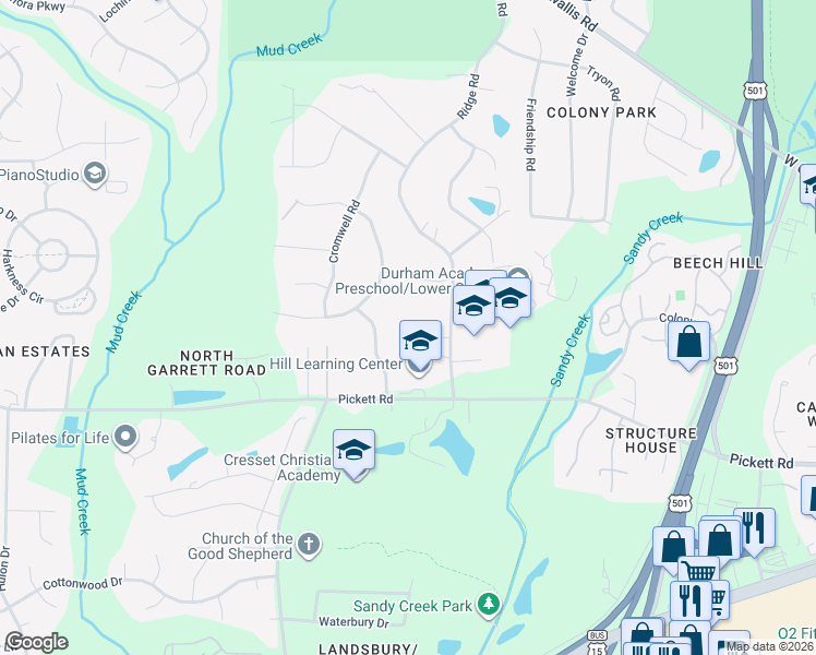 map of restaurants, bars, coffee shops, grocery stores, and more near 3518 Ridge Road in Durham