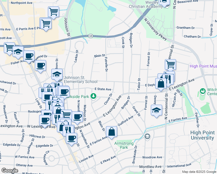 map of restaurants, bars, coffee shops, grocery stores, and more near 1314 Westminster Drive in High Point