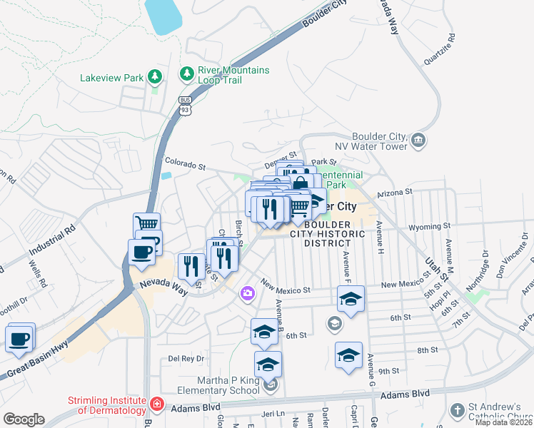 map of restaurants, bars, coffee shops, grocery stores, and more near 508 Nevada Way in Boulder City