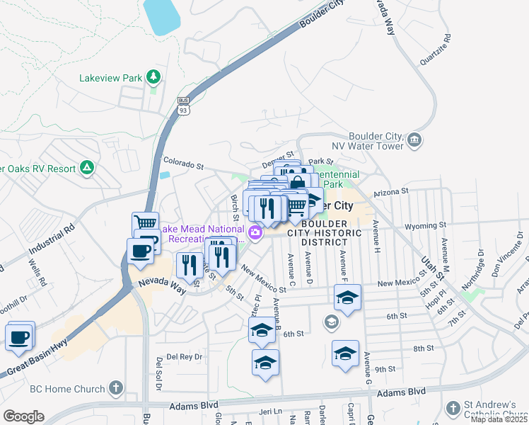 map of restaurants, bars, coffee shops, grocery stores, and more near 534 Nevada Highway in Boulder City