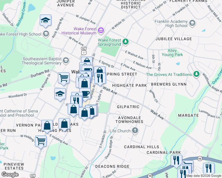 map of restaurants, bars, coffee shops, grocery stores, and more near 435 Wait Avenue in Wake Forest