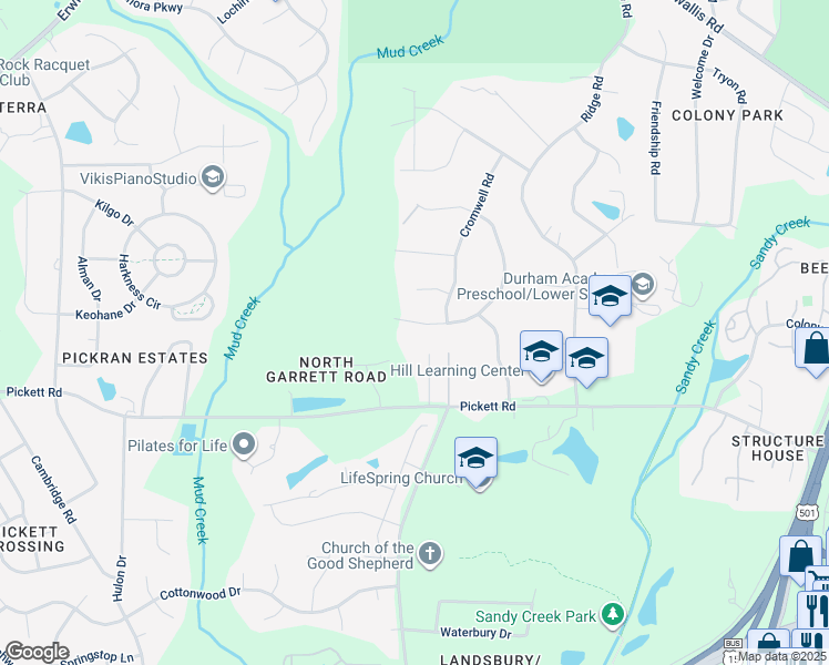 map of restaurants, bars, coffee shops, grocery stores, and more near 3411 Pinafore Drive in Durham