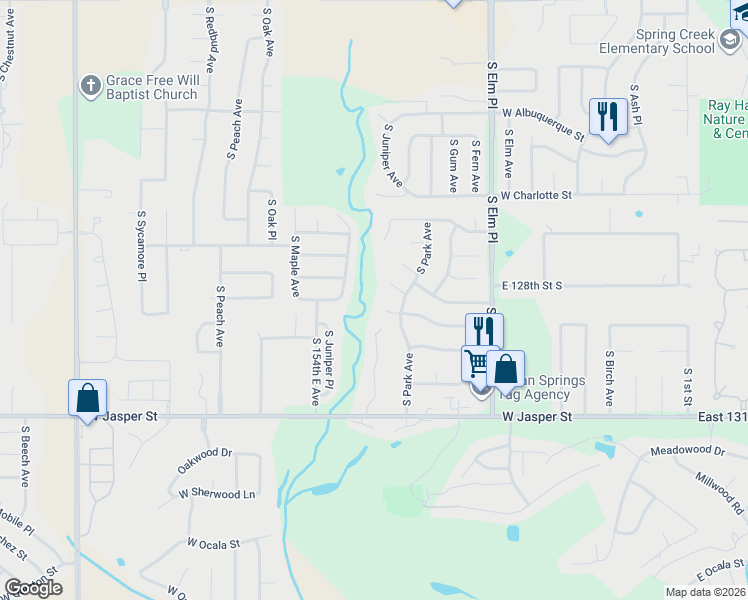 map of restaurants, bars, coffee shops, grocery stores, and more near 7816 South Park Avenue in Broken Arrow