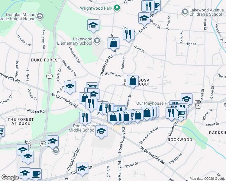 map of restaurants, bars, coffee shops, grocery stores, and more near 2506 Vineyard Street in Durham