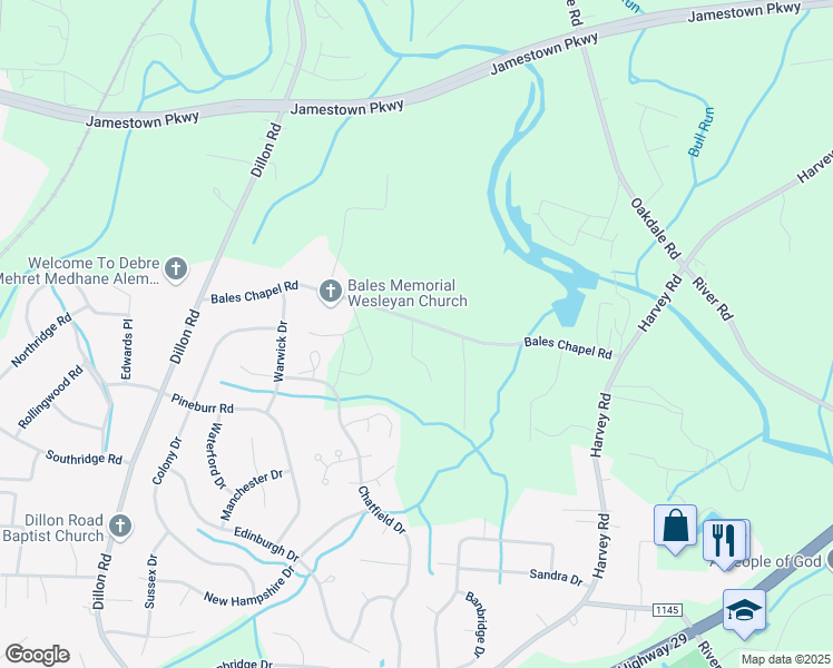 map of restaurants, bars, coffee shops, grocery stores, and more near 1016 Bales Chapel Road in Jamestown