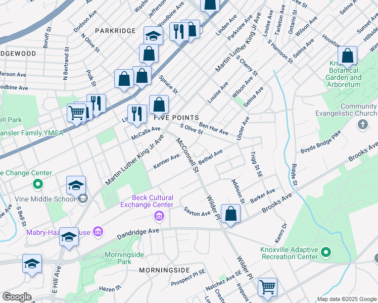 map of restaurants, bars, coffee shops, grocery stores, and more near 400 McConnell Street in Knoxville