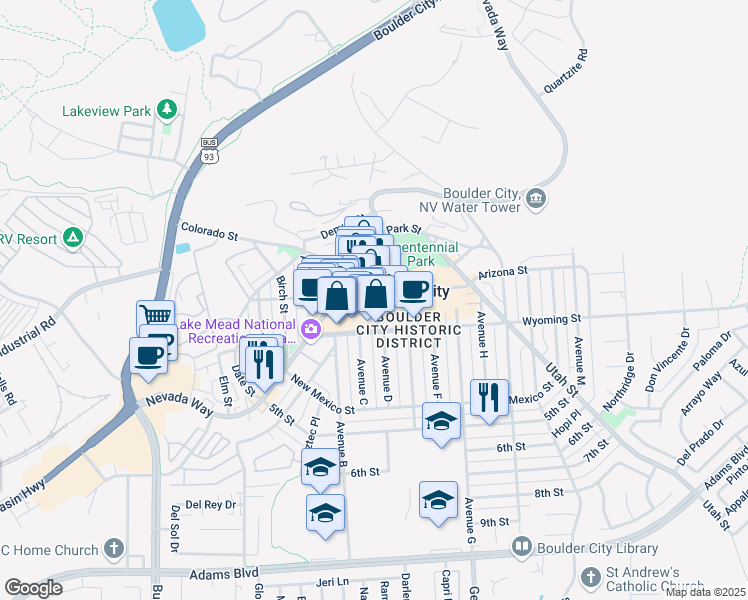 map of restaurants, bars, coffee shops, grocery stores, and more near 512 California Avenue in Boulder City