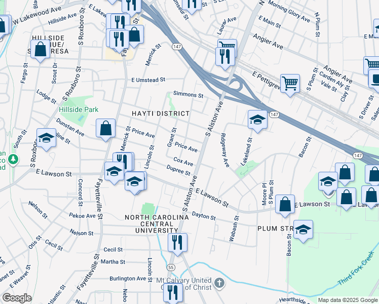 map of restaurants, bars, coffee shops, grocery stores, and more near 903 Cox Avenue in Durham