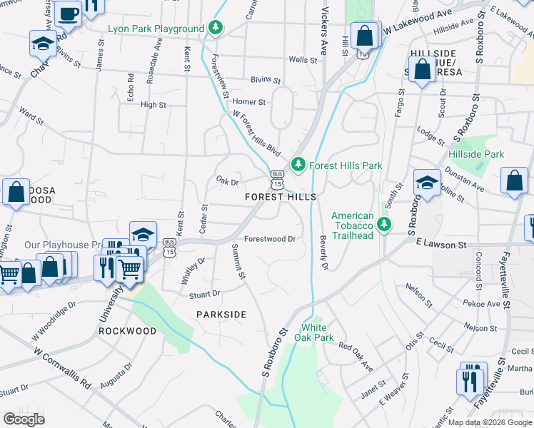 map of restaurants, bars, coffee shops, grocery stores, and more near 114 Briarcliff Road in Durham