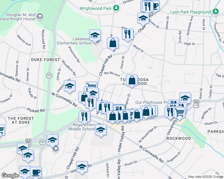 map of restaurants, bars, coffee shops, grocery stores, and more near 2506 Vineyard Street in Durham