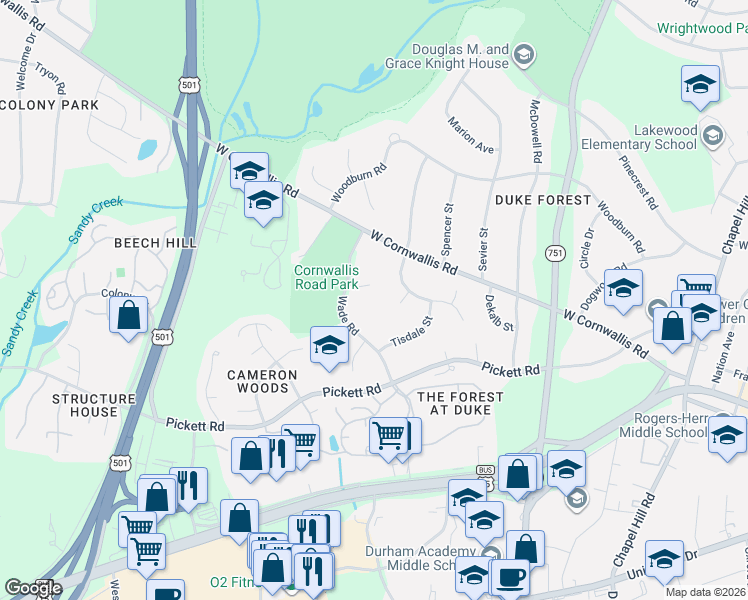 map of restaurants, bars, coffee shops, grocery stores, and more near 8 Womble Circle in Durham