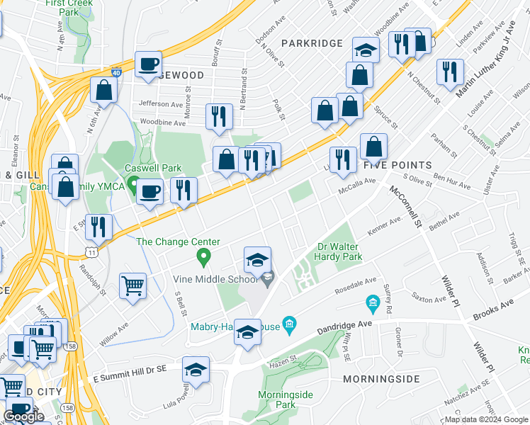 map of restaurants, bars, coffee shops, grocery stores, and more near 1925 McCalla Avenue in Knoxville