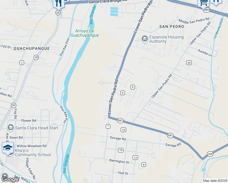 map of restaurants, bars, coffee shops, grocery stores, and more near Lower San Pedro Road in Espanola