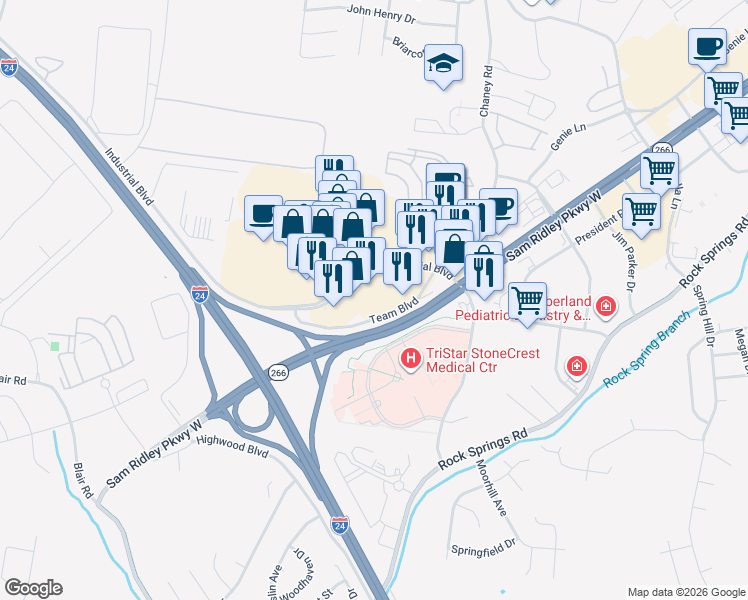 map of restaurants, bars, coffee shops, grocery stores, and more near 997 Team Boulevard in Smyrna