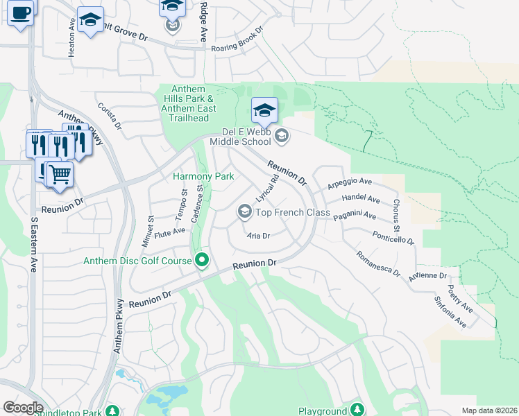 map of restaurants, bars, coffee shops, grocery stores, and more near 1372 Coppelia Court in Henderson
