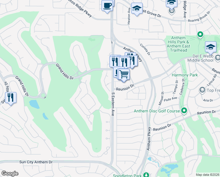 map of restaurants, bars, coffee shops, grocery stores, and more near 1349 Dilevante Drive in Henderson