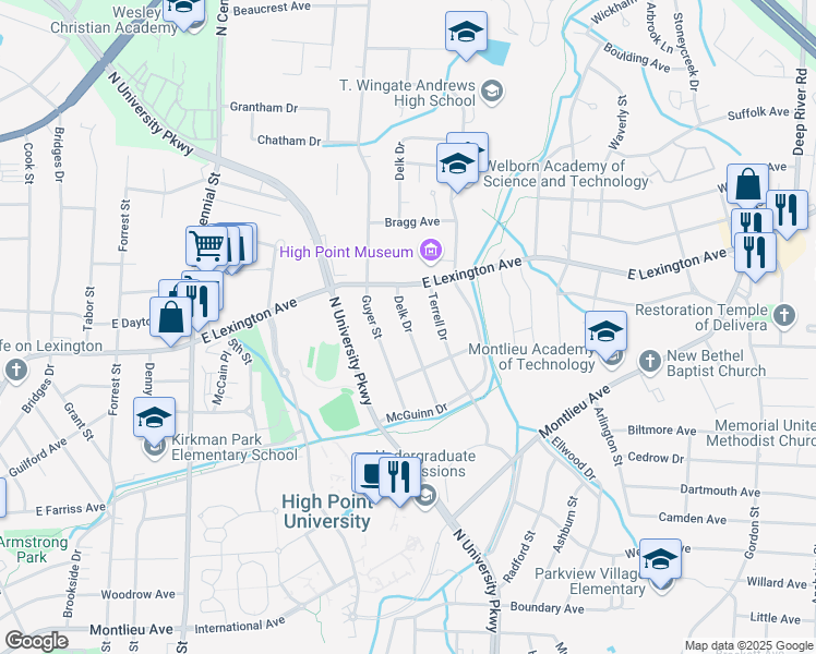 map of restaurants, bars, coffee shops, grocery stores, and more near 1216 Delk Drive in High Point