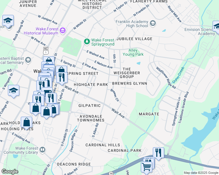 map of restaurants, bars, coffee shops, grocery stores, and more near 208 North Allen Road in Wake Forest