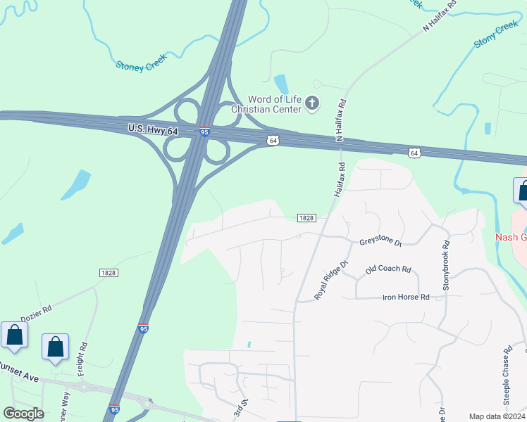 map of restaurants, bars, coffee shops, grocery stores, and more near 3448 Village Road in Rocky Mount