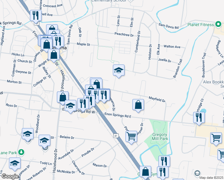 map of restaurants, bars, coffee shops, grocery stores, and more near 134 Mayfield Drive in Smyrna