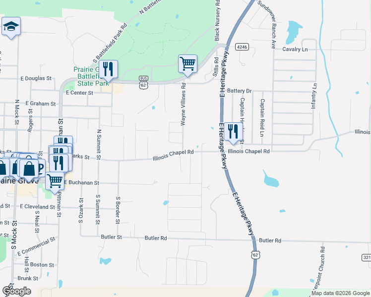 map of restaurants, bars, coffee shops, grocery stores, and more near 912 County Road 20 in Prairie Grove