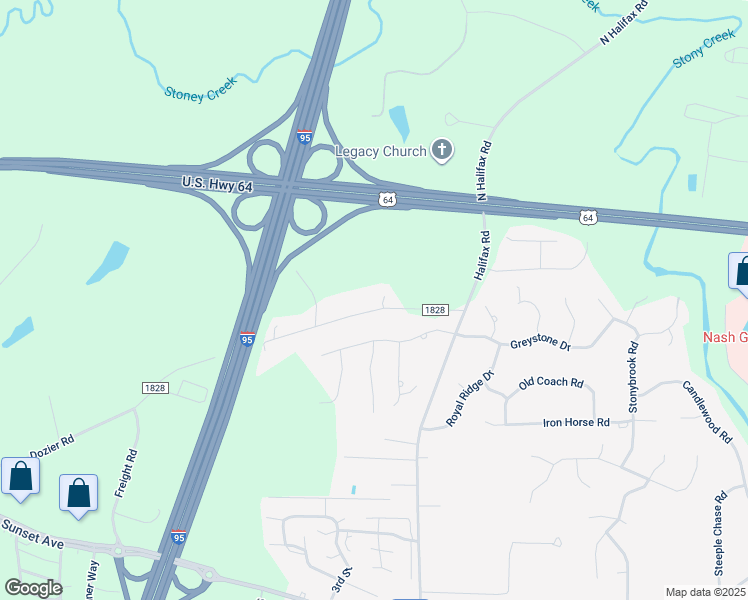 map of restaurants, bars, coffee shops, grocery stores, and more near 3448 Village Road in Rocky Mount