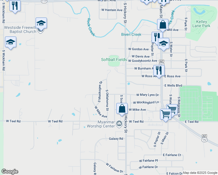 map of restaurants, bars, coffee shops, grocery stores, and more near 1823 South Oklahoma Street in Sapulpa
