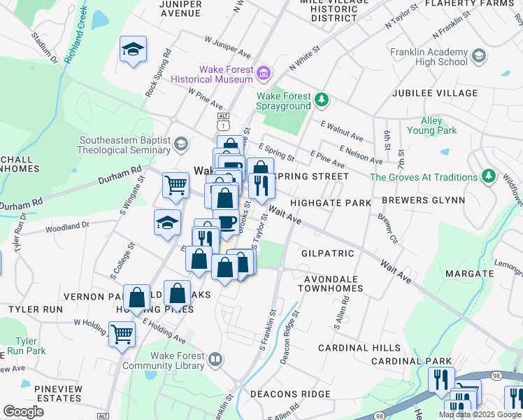 map of restaurants, bars, coffee shops, grocery stores, and more near 414 Wait Avenue in Wake Forest