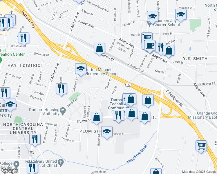 map of restaurants, bars, coffee shops, grocery stores, and more near 617 Bacon Street in Durham
