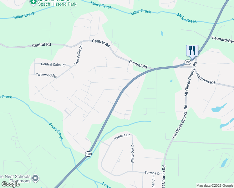map of restaurants, bars, coffee shops, grocery stores, and more near 10490 North Carolina 150 in Clemmons