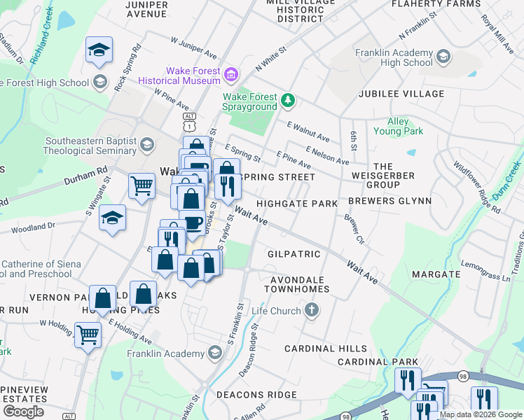map of restaurants, bars, coffee shops, grocery stores, and more near 435 Wait Avenue in Wake Forest