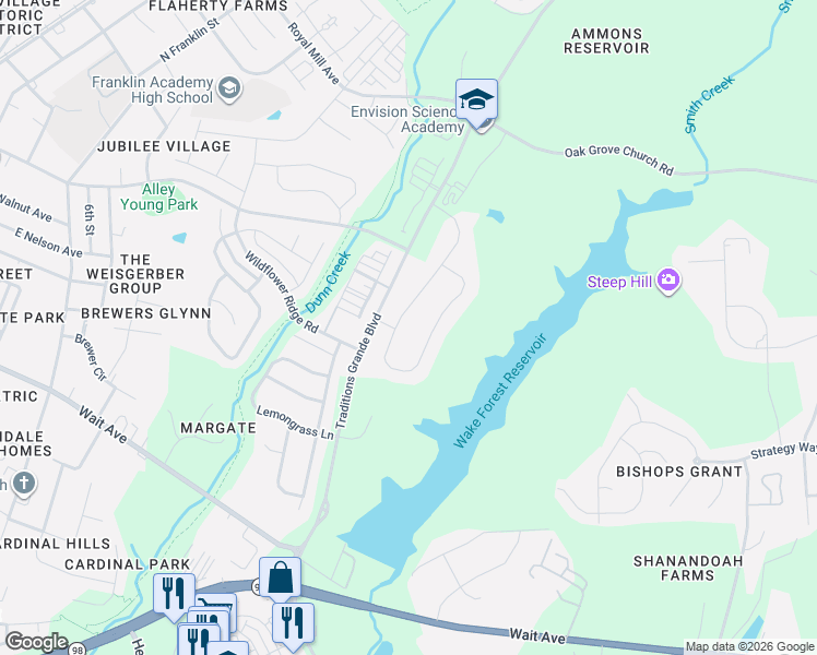 map of restaurants, bars, coffee shops, grocery stores, and more near 1305 Reservoir Lane in Wake Forest
