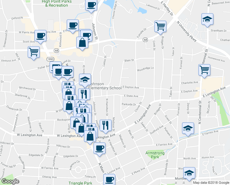 map of restaurants, bars, coffee shops, grocery stores, and more near 501 East State Avenue in High Point