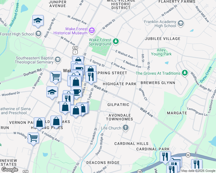 map of restaurants, bars, coffee shops, grocery stores, and more near 435 Wait Avenue in Wake Forest