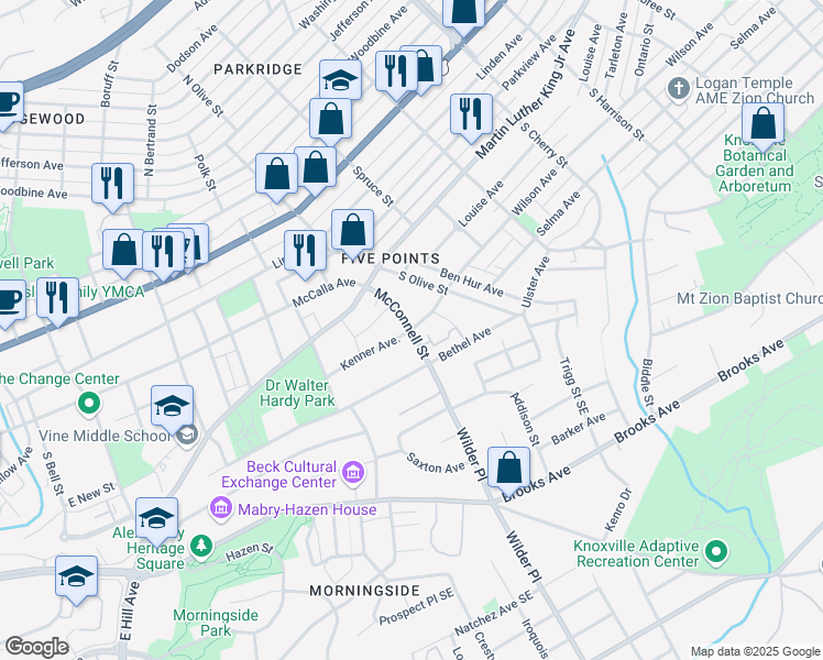 map of restaurants, bars, coffee shops, grocery stores, and more near 383 McConnell Street in Knoxville
