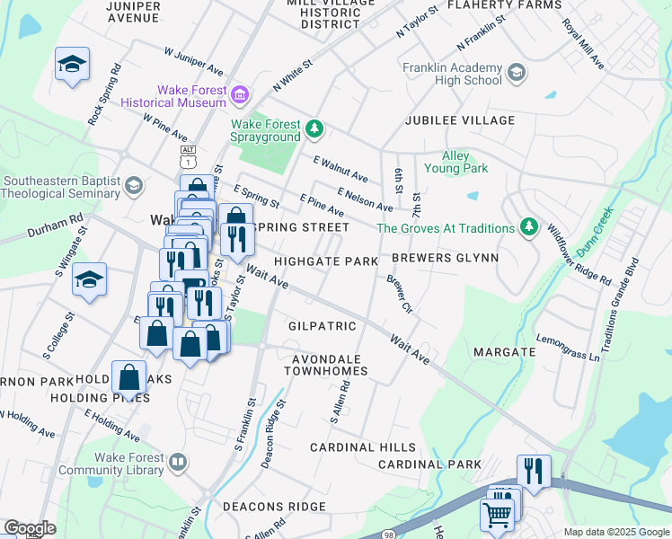 map of restaurants, bars, coffee shops, grocery stores, and more near 204 Highgate Circle in Wake Forest