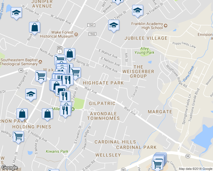 map of restaurants, bars, coffee shops, grocery stores, and more near 204 Highgate Circle in Wake Forest
