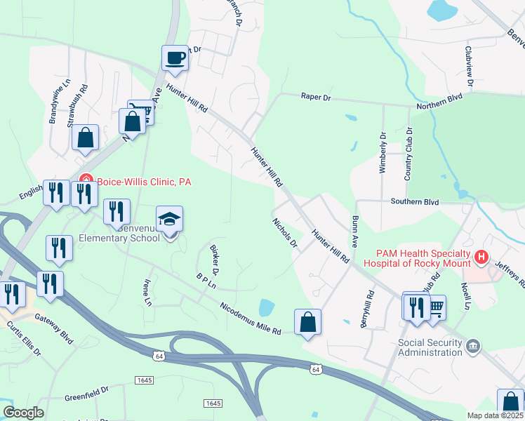 map of restaurants, bars, coffee shops, grocery stores, and more near Hale Street in Rocky Mount