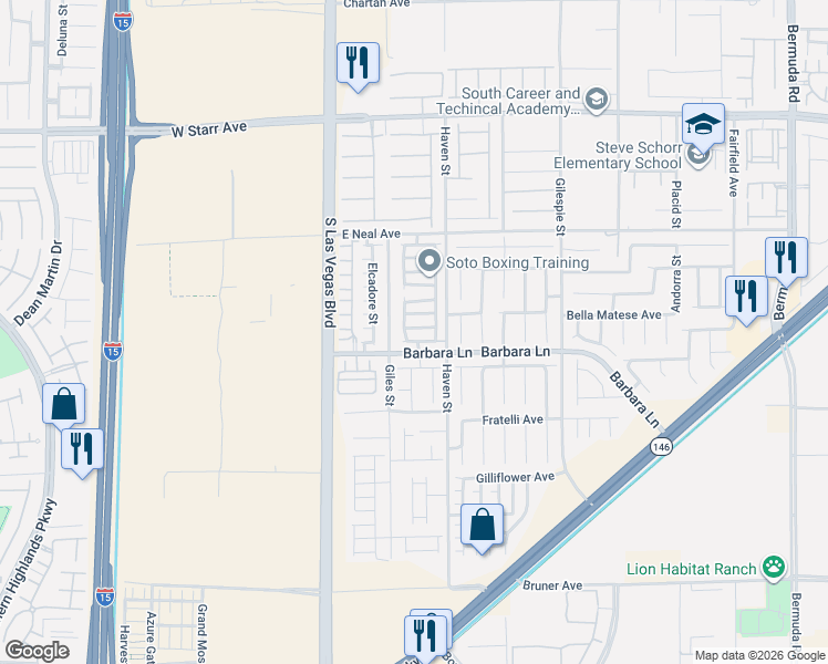 map of restaurants, bars, coffee shops, grocery stores, and more near 57 Wood Cliff Avenue in Las Vegas